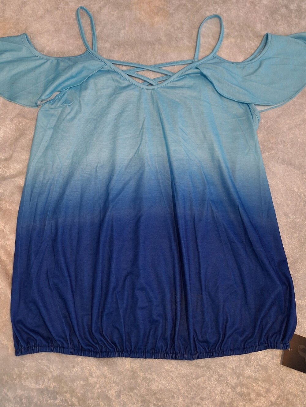 Cold-Shoulder Ombre Blue Tank Top with Crisscross Back by Flamingals size L - Picture 3 of 10